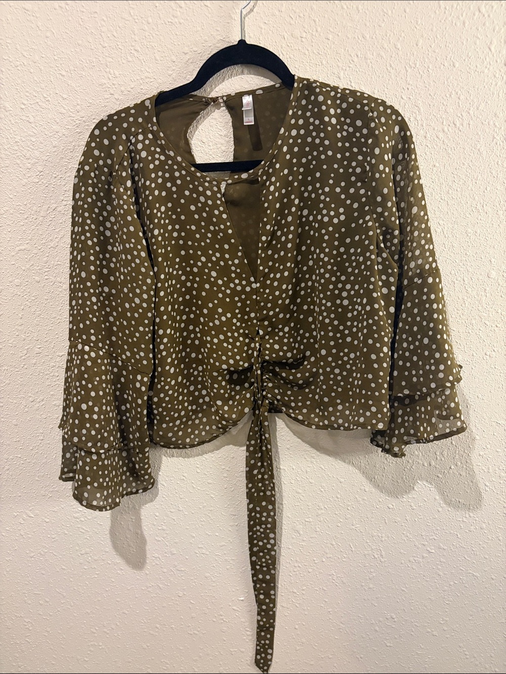 Xhilaration Olive Green White Polka Dot Tie-Front Blouse